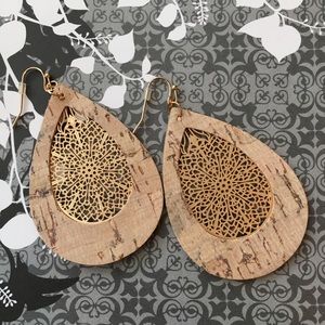 Cork & Goldtone Filigree Teardrop Earrings